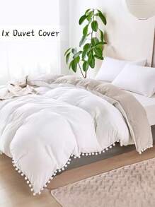 1 pieza Funda de edredón reversible de poliéster blanca y caqui con pompones y borlas, funda de edredón moderna de estilo bohemio y rústico elegante para uso en todas las estaciones en el dormitorio