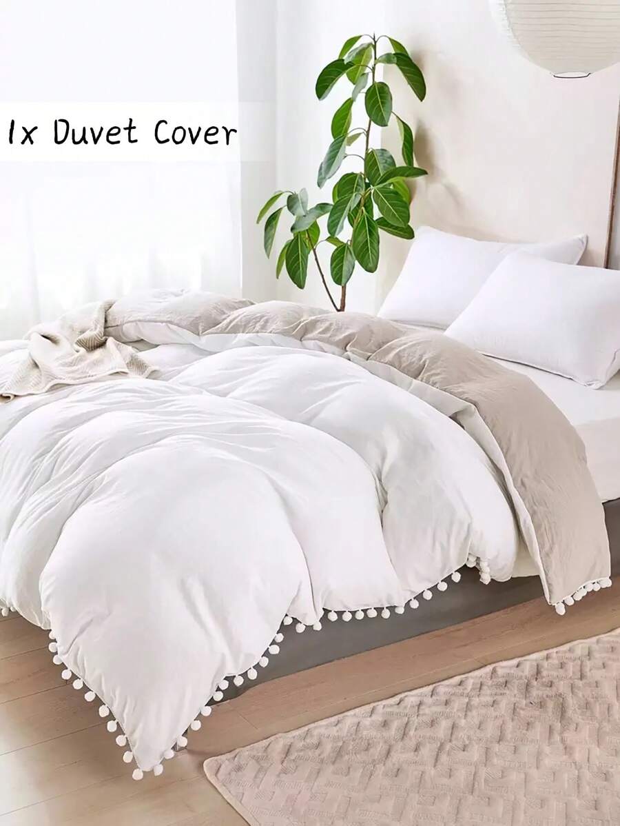 1 pieza Funda de edredón reversible de poliéster blanca y caqui con pompones y borlas, funda de edredón moderna de estilo bohemio y rústico elegante para uso en todas las estaciones en el dormitorio