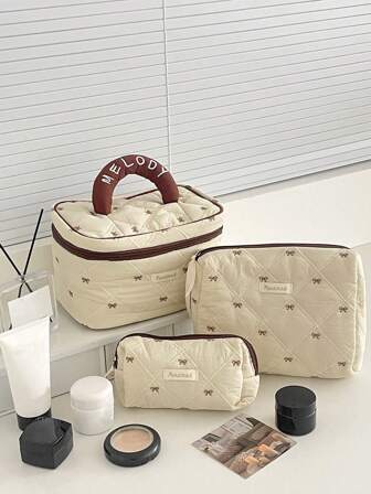1pc Khkai Embroidery Mini Bowknot Makeup Bag Travel Large Women Cosmetic Storage Pouch Fabric Print Sweet Style Toiletry Washing Bag