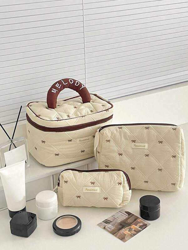 1pc Khkai Embroidery Mini Bowknot Makeup Bag Travel Large Women Cosmetic Storage Pouch Fabric Print Sweet Style Toiletry Washing Bag