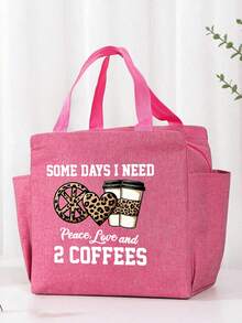 Esta bolsa de almuerzo aislada presenta diseños con estampado de leopardo, corazón y café, con el divertido texto "Algunos días necesito calma, amor y dos tazas de café" impreso en ella. Viene con una bolsa de almacenamiento de cubiertos negra, es reutilizable y tiene un diseño de bolsillo doble. - Multicolor - Ver 9