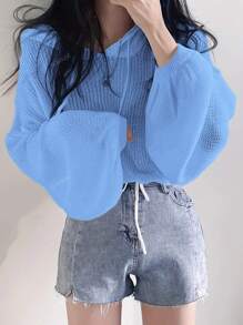 Plus Size Women's Elegant Knit Pullover Sweater With Drawstring, Loose Fit Long Sleeve Solid Color Hoodie, European Style, Suitable For Spring And Autumn