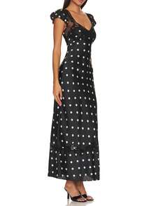 Women Lace Patchwork Bodycon Long Dress Summer Floral Print Cutout Sweetheart Neck Cap Sleeve Back Button Maxi Dress - 黑色 - 查看 2