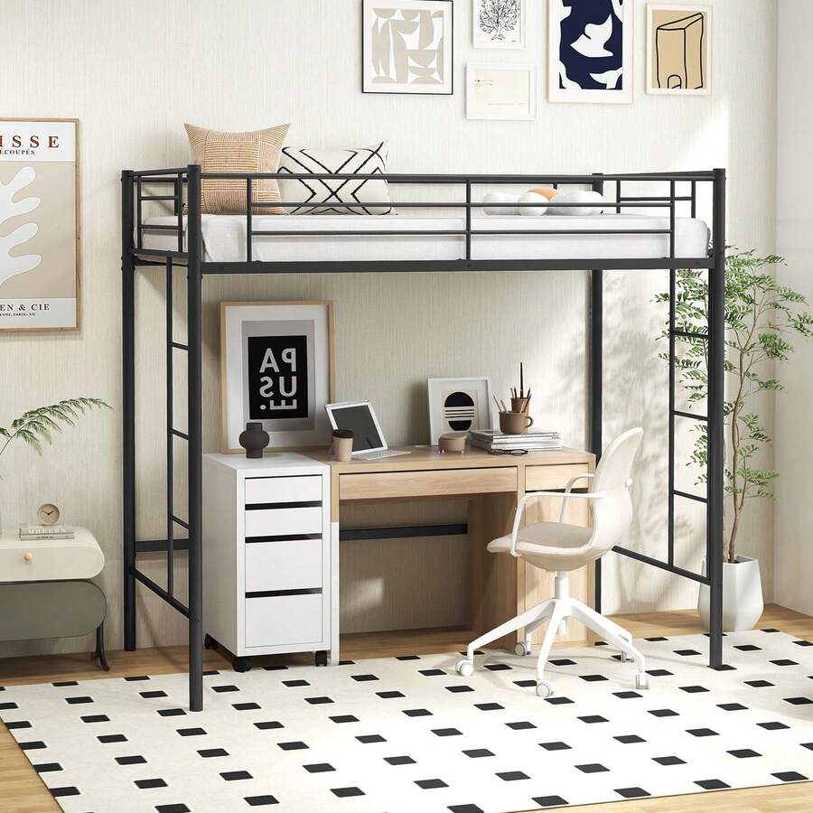 GOFLAME Metal Twin Loft Bed, Space-Saving Loft Bed Frame With Full-Length Guardrail, 2 Ladders, Ample Under-Bed Space For Work, Leisure & Storage, No Box Spring Needed - Black - View 1