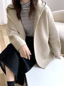 Alicedudu Women's Minimalist Style Hooded Loose Cardigan Jacket, Autumn/Winter - Apricot - View 4