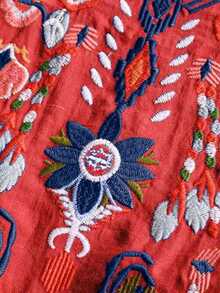 Áo cánh Boho Vintage rộng rãi thêu họa tiết cho nữ, Áo thường ngày mùa xuân/hè - Đỏ - Xem 6