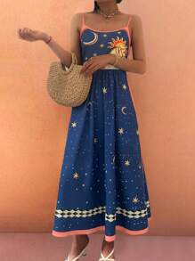 فستان نسائي أنيق وعصري للربيع والصيف، بتصميم نجمي أبيض وحصان ذو نمط ماسي ذو لونين، بحمالات رفيعة وياقة حلقية بدون أكمام، طول متوسط