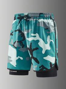 1 Stück Herren Sommer Camouflage Muster Eisseide atmungsaktive schnell trocknende schweißabsorbierende Sportshorts, 2-in-1