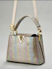 Luxus Damen Handtasche mit Schlangenmuster, stilvolles überlagertes Design, kombiniert mit goldfarbenem Beschlag, multifunktionale Schultertasche und Umhängetasche, PU-Material, elegant für den täglichen Gebrauch, Schultertasche für den Alltag, Tasche mit Schlangenmuster, abnehmbarer Schultergurt - Khaki - Übersicht 4
