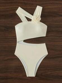 Traje de baño de una pieza con flor 3D de un hombro, traje de baño Monokini con aros push-up huecos, traje de baño de playa de verano 2025