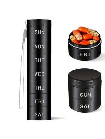 7-Day Aluminum Travel Pill Organizer – Waterproof Weekly Pill Case With Large Compartments For Vitamins, Medication & Supplements, Compact Design With Clip For Easy Carry, Daily Pill Organizer | Sleek Cylindrical Design | Secure Lid Closure, Pill Box