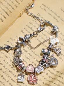 1 pieza Pulsera con dije de corazón de cristal lindo, dije de corazón de gato y letra, pulsera de cuentas DIY, pulsera de estilo coqueto de alta calidad como regalo para amigos