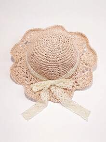 1 件女童/幼儿/婴儿手工编织透气蕾丝边宽边太阳帽，婴儿夏季太阳帽，手工纸草帽，日常穿着 - 1PC - 查看 12