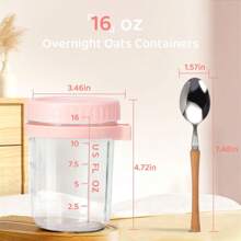 Envase de avena overnight de vidrio rosa con tapa y cuchara, 16 Oz (aprox. 453,6 G) Frasco de boca ancha tipo Mason para avena overnight, cereales, yogur, ensaladas y recipientes de almuerzo con marcas de medición