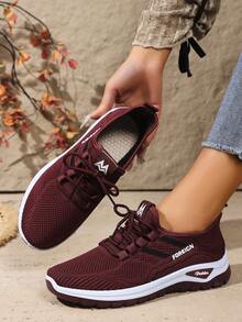 女式2025双条纹舒适透气高档时尚优雅百搭不疲劳厚底平底休闲鞋 - 酒紅色 - 查看 12