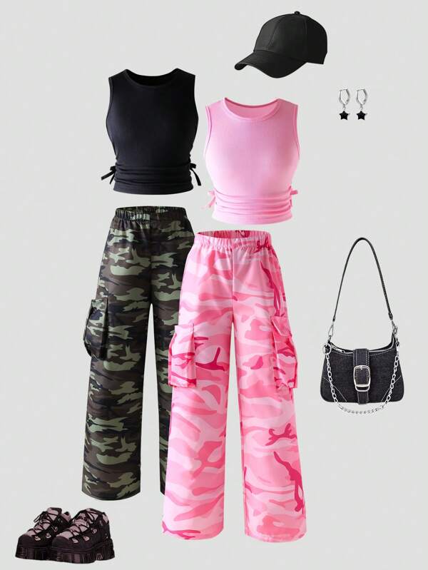 4pcs/Set Girls Bow Decor Vest With Straight Leg Camouflage Pants Set