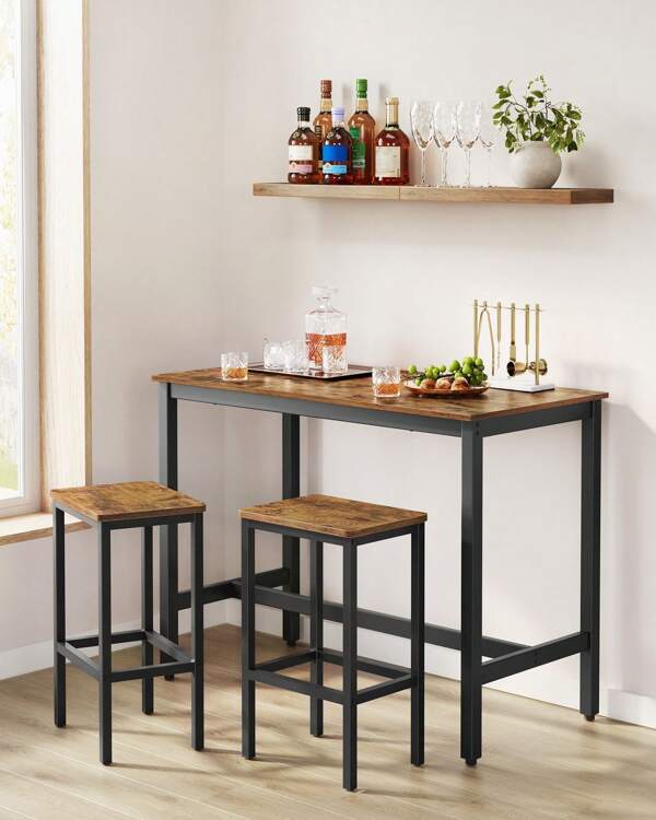 VASAGLE Bartisch-Set, Stehtisch mit 2 Barhockern, 120 x 60 x 90 cm, Küchentresen mit Barstühlen, Küchentisch und Küchenstühle im Industrie-Design, für Küche, vintagebraun-schwarz