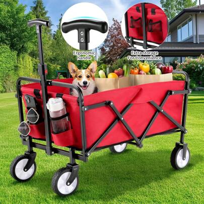 Carro de mano plegable con ruedas todoterreno, carro de jardín con portavasos y asa ajustable, carro de transporte plegable, carro de playa, carro de jardín, carro de compra, camping, capacidad de carga hasta 60 kg