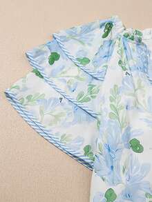 Women's Floral & Striped Print Ruffle Hem Cap Sleeve Vacation Dress, Summer - Blue - View 9