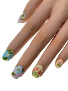 10 pezzi di unghie finte rimovibili, realizzate a mano, realistiche, design originale, forma ovale corta, motivi floreali e dipinti a olio colorati, accessori per unghie estive, con colla e adesivi per donne e ragazze