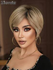 7JHH WIGS 8 Inch Mom Cut Short Bob Beige Blonde Wigs With Bangs - Dark Roots Natural Looking Heat Resistant Synthetic Hair For Daily Wear & Costumes Cosplay & Everyday Style - 漸層米色 - 查看 1