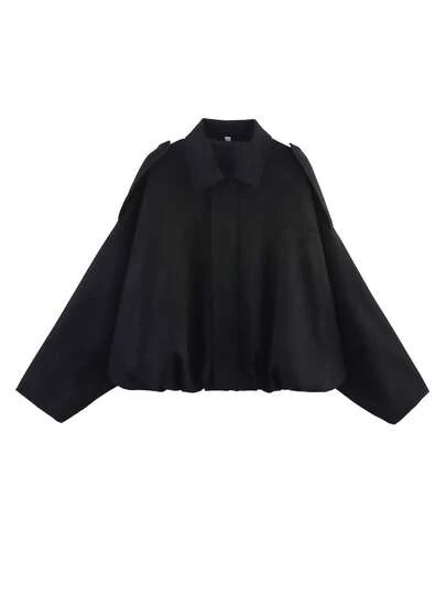 SHIBASHAN Kadın Moda Süet Bomber Ceket, Vintage Yaka Uzun Kollu Bol Kesim Fermuarlı Dış Giyim Siyah