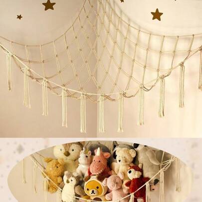 1pc Large Boho Stuffed Animals Net Or Hammock, Toy Hammock, Stuff Animal Storage Corner Hanging Net Holder, Mesh Hammock Plush Toy Hanging Storage With Tassel Hooks For Bedroom