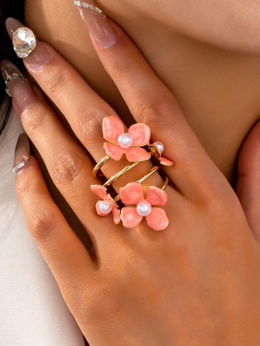 1 anel elegante de flor esmaltada com 4 pétalas