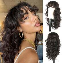 Long Curly Wig With Bangs Black Kinky Curly Layered Fluffy Shag Wig Synthetic Hair Wigs For Women 24inch Party Cosplay Wig Long Curly Messy Hair Wigs With Bangs - màu nâu - Xem 2