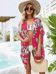 Womens Floral Kimono Duster Cardigans Short Sleeve Draped Oversized Beach Cover Up Cape - 玫紅色 - 查看 2