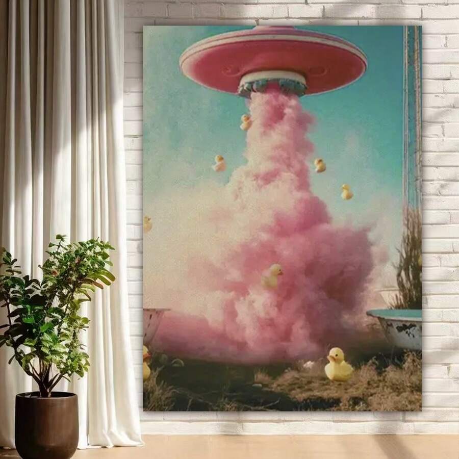 Framed 1PC Vintage UFO Canvas Art Print,Surreal Sci-Fi Decor, Pink Alien Wall Art For Space Enthusiasts And Sci-Fi Fans, Unique Gift, Ideal For Home Bedroom, Kitchen, Living Room, Bathroom, Hotel, Cafe, Office, Funny Canvas Painting, Poster, Perfect For Room Decor - Framed - View 1