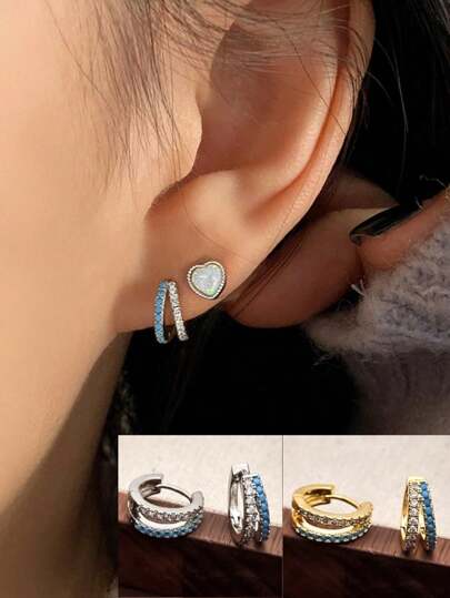 1 par (2 piezas) de pendientes de acero de titanio con líneas geométricas de turquesa, pendientes de aro de doble capa minimalistas con acentos de circonita cúbica azul, diseño lujoso, delicado, versátil y elegante