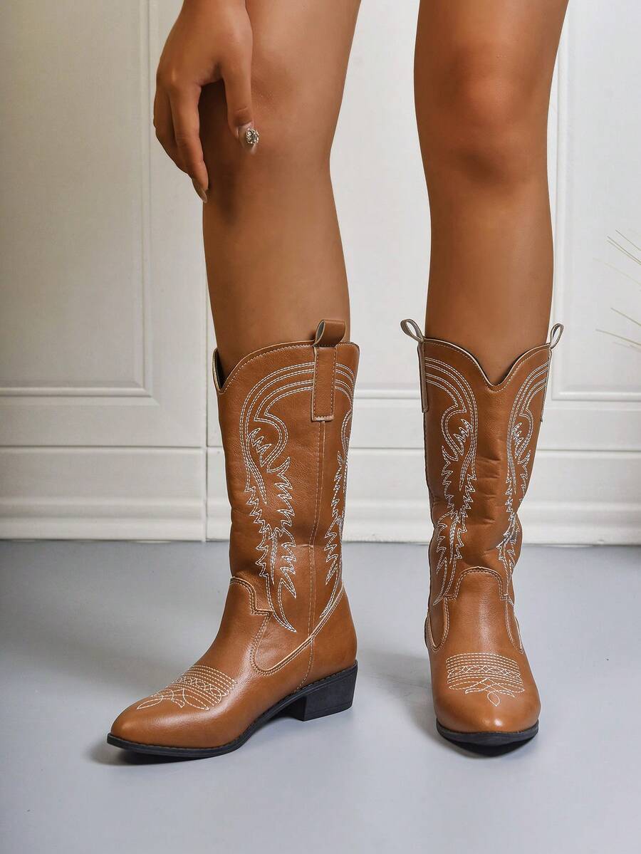 2025 秋冬女式刺绣粗跟牛仔靴、派对时尚西部靴 - 棕色 - 查看 1