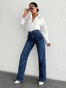 Vaqueros de Cintura Alta para Mujer con Pierna Recta - Pantalones Sueltos en Mezcla Elástica Azul Claro con Detalle de Botóns, Lavables a Máquina Todo el Año, Estilo Retro y Bolsillos, Vaqueros de Cintura Alta