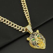1pc Hiphop Rhinestone Tiger Head Pendant Necklace For Men, Streetwear Cuban Chain - Multicolor - View 11