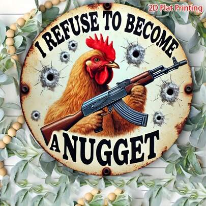 1 pezzo Cartello metallico piatto 2D, tema vintage fattoria con pollo, 20x20 cm, divertente "Rifiuto di diventare un nugget di pollo", stile country, targa da appendere, adatto per casa, bar, garage, giardino, decorazione, con fori pre-praticati, stile casuale dei fori