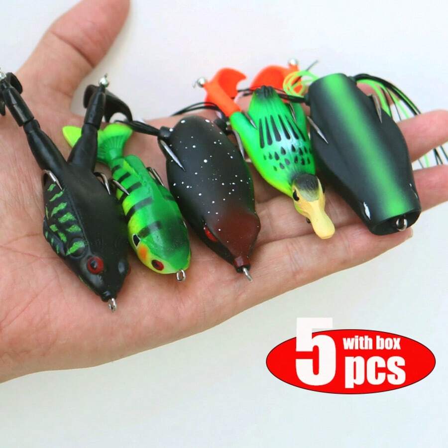 5pcs Premium Frog- Duck Shaped -Fish Baits With Storage Box - Sharp Hooks And Realistic Design For Topwater Freshwater Fishing - Mixed Color, PVC Material, Contains Lead, Ordinary Boxed - Multicolor - View 1