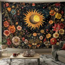 1 pezzo Arazzo da parete in stile bohémien e vibranti colori naturali con decorazioni floreali, sole e luna, realizzato in poliestere, per decorazione estetica della casa, camera da letto, soggiorno, regalo unico per amici e famiglia