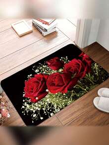 Super Soft Velvet Red Rose Pattern Floor Mat - Non-Slip Polyester Rug, Elegant Floral Design, Suitable For Living Room, Bedroom, Bathroom And Home Decor, Bedroom Accent | Refined Style | Machine Washable Fabric, Washable Area Rug - Multicolor - View 3