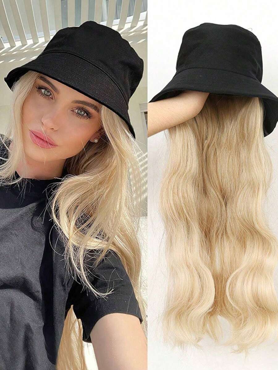 26-Inch European And American Women's Fashionable Black Fisherman's Hat, Wavy One-Piece Wig Hat, Golden Fisherman's Hat Wig
