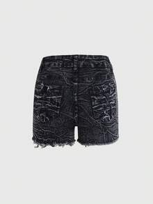 Pantaloni scurți din denim negru, cu aspect uzat, design texturat unic, potriviți pentru ieșiri în oraș, vacanță sau pentru acasă - Negru - Vizualizare 2