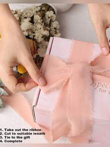 3pcs Handmade Fringe Chiffon Silk Ribbon, Pink Ribbon Frayed Edges Ribbons For Wedding Invitations, Bridal Bouquets, Gift Wrapping,Bow Making - Pink - View 5