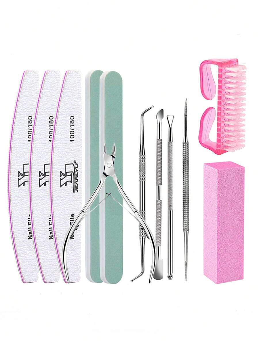 12 件套美甲工具套装：100/180 号指甲锉、抛光块、角质层钳、角质层推刀、清洁刷、专业粉色指甲护理套装 - 粉色 - 查看 1