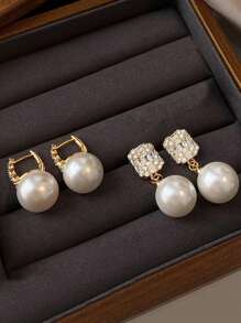 2 paires de boucles d'oreilles pendantes élégantes et vintage pour femmes, ornées de perles et de Zircone cubiques. Léger, pour un port casual, de soirée, de mariage, pour tous les jours, au printemps/été.