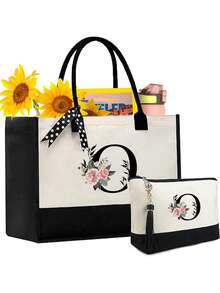 2件套花卉字母印花帆布手提袋，个性化生日礼物（女士），手提包和流苏吊坠化妆包，教师节礼物，带围巾的沙滩包，字母印花旅行简约收纳包，旅行化妆包，教师礼物 - 黑與白 - 查看 13