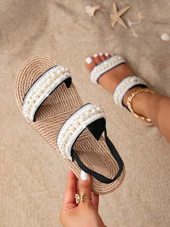 Women's Summer Straw Sole Sandals, Vacation Style Flat Beige Striped Casual Sandals For Ladies