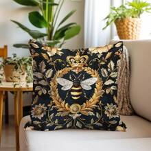 1pc Bee Festival Vintage Series Black Background White Wing Bee Printed Pillow Case [No Pillow Insert], 17.7*17.7in(45*45cm), [Single-Sided Printing] Minimalist Modern Polyester Cushion Cover, Room Decor, Home Decor, Bedroom Decor, Room Decoration Stuff For Sofa, Bed, Living Room, Bedroom, Car, Office, Hotel Decoration, Throw Pillow Covers, Suitable For All Seasons, Perfect Gift For Family And Friends