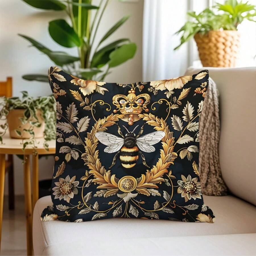 1pc Bee Festival Vintage Series Black Background White Wing Bee Printed Pillow Case [No Pillow Insert], 17.7*17.7in(45*45cm), [Single-Sided Printing] Minimalist Modern Polyester Cushion Cover, Room Decor, Home Decor, Bedroom Decor, Room Decoration Stuff For Sofa, Bed, Living Room, Bedroom, Car, Office, Hotel Decoration, Throw Pillow Covers, Suitable For All Seasons, Perfect Gift For Family And Friends