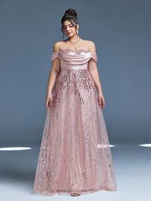 Mgiacy New Arrival Off Shoulder Romantic Plus Size Evening Gown Dress Satin Sequin Ruched Belt Long Dress - Pink - View 4