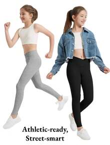 EXARUS 4 Pack Girls Leggings Kids Yoga Pants Crossover V Waist Ankle/Full Length High Waisted For School Casual Dance - SET2 - 查看 2
